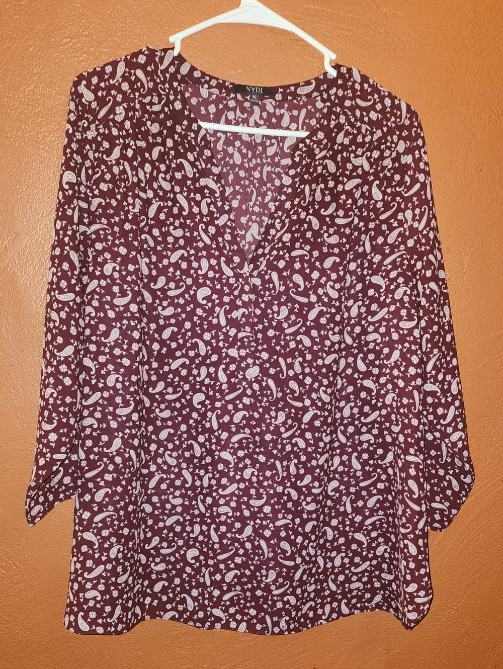 NYDJ Burgundy and White Paisley V-Neck Blouse